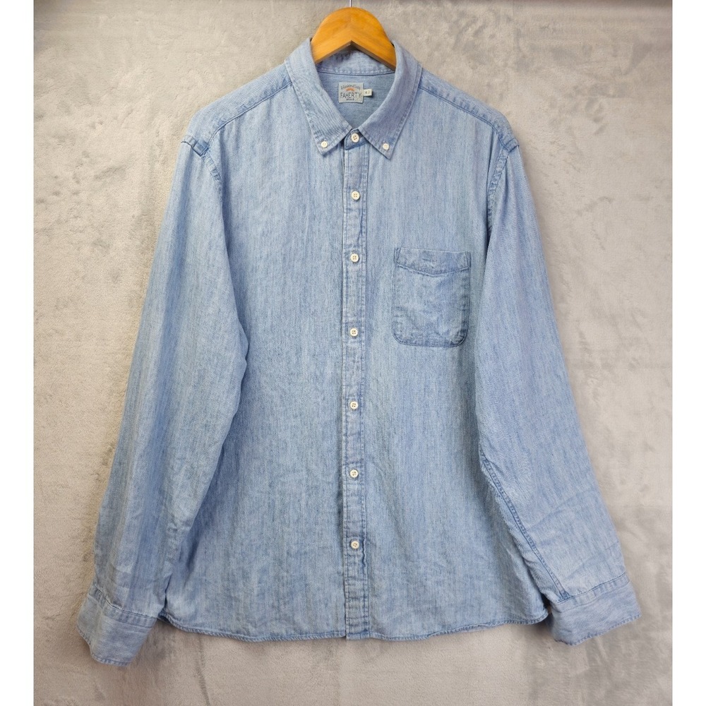 Faherty Tried & True Chambray Shirt Mens XL Linen Blend Long Sleeve Button Down